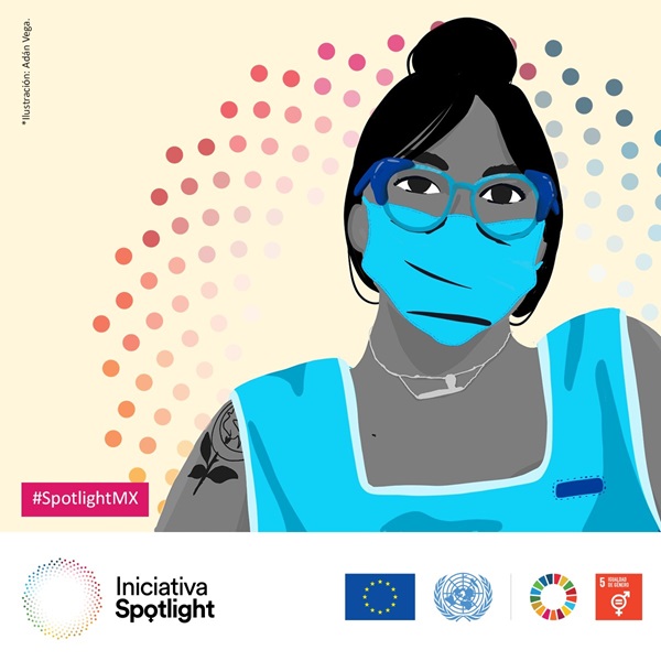An illustration of Julia, wearing a face mask.