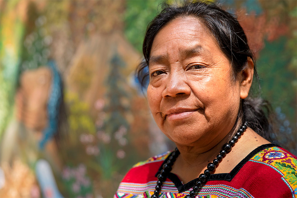 Rosalina Tuyuc Velásquez, a human rights activist and co-founder of a widows association in the municipality of Comalapa, has spearheaded the construction of a memorial for victims of the conflict in Comalapa.  Guatemala, 2018.   Photo: UN Women/Ryan Brown