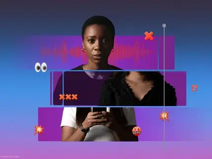 Portrait d'une personne regardant directement l'appareil photo sur un fond bleu et violet. Des barres graphiques horizontales masquent et déforment partiellement la moitié inférieure de son visage et de son corps. Un motif en forme d'onde sonore apparaît derrière sa tête, et des symboles numériques tels que des croix, des points d'interrogation et un emoji en colère s'affichent autour d'elle. La personne tient un téléphone portable.