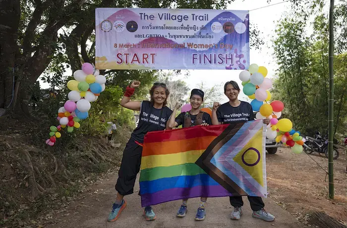 (From left) Matcha Phorn-in, with daughter Siriwan and spouse Veerawan atthe finish line of the Run for Environmental Justice held on 8 March