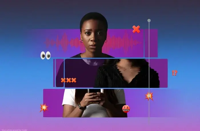 Portrait of a woman looking directly at the camera against a blue and purple background. Horizontal graphic bars partially cover the image, distorting the lower half of her face and body. A soundwave pattern appears behind her head, and digital symbols such as X marks, question marks, and an angry emoji are displayed around her. She is holding a mobile phone.