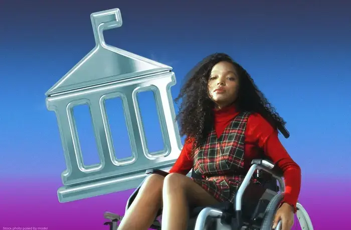 Portrait of a woman seated in a wheelchair against a blue-to-purple gradient background. She is wearing a red long-sleeve top under a plaid sleeveless dress. One hand rests on the arm of the wheelchair. Behind her is a large silver graphic of an institutional-style building with columns and a triangular roof. She is looking toward the camera with a neutral expression.