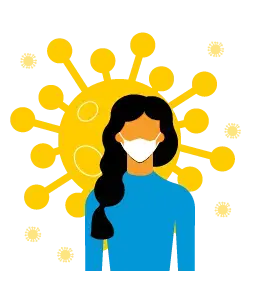 Illustration of woman wearing mask with COVID-19 molecule behind her. 