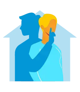 Illustration of man holding hand over woman's mouth inside the outline of a house. 