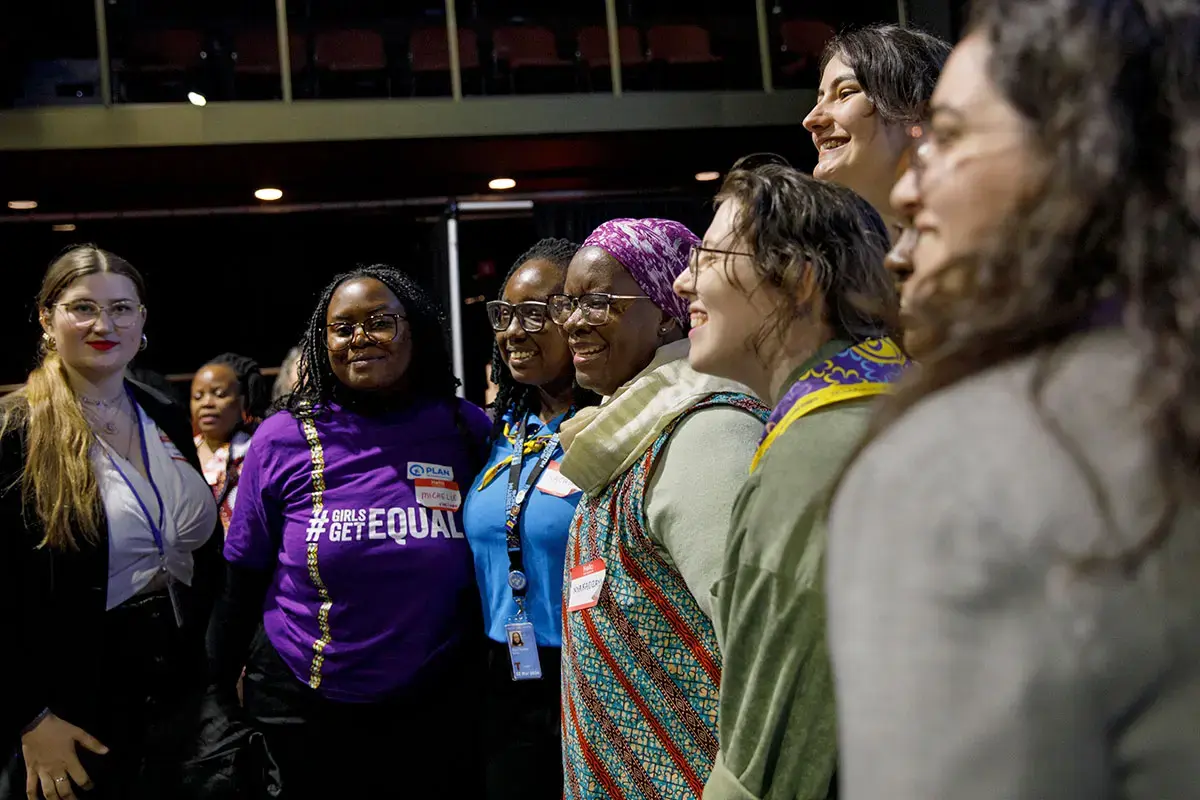 UN Women DED Nyaradzayi Gumbonzvanda gathers with youth delegates at the CSW68 Youth Forum, held at the United Nations International School (UNIS) in New York on 16 March 2024. Photo: UN Women/Ryan Brown
