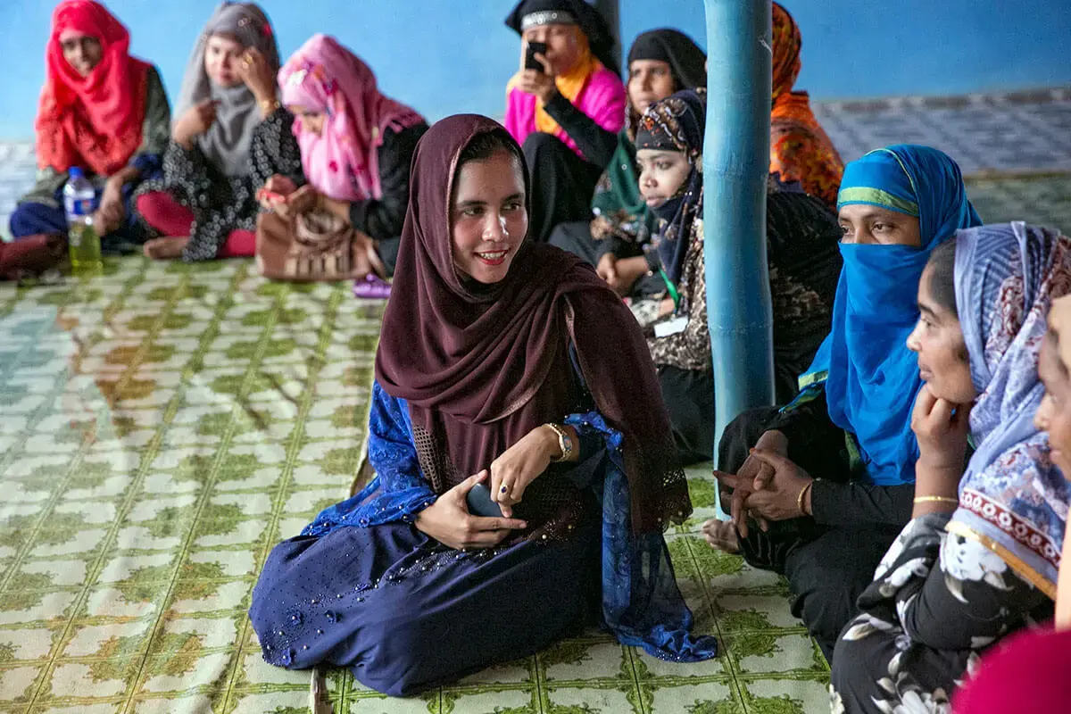 Lucky leads a planning session on joint action to address challenges, issues, and demands on gender equality and the empowerment of women and girls during the Rohingya women leaders meeting at the UN Women multi-purpose women’s centre. Photo: UN Women/Allison Joyce.