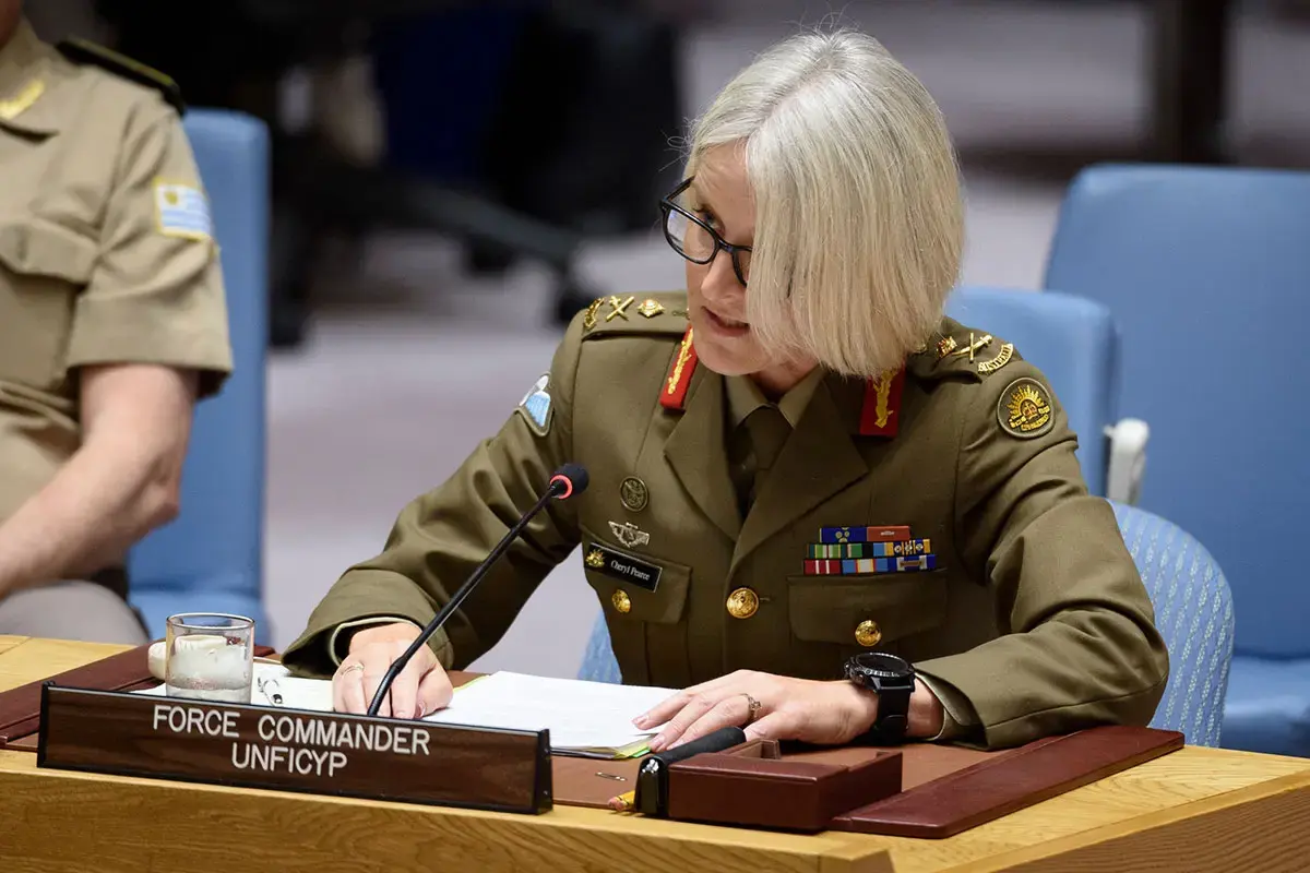 Major General Cheryl Pearce addresses the UN Security Council as UNFICYP Force Commander in 2019. Photo: UN Photo/Loey Felipe.