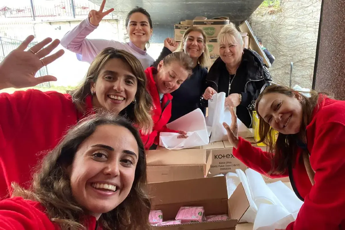 Ilayda Eskiter-Schoglu (left) and We Need To Talk colleagues deliver menstrual products to women and girls in Türkiye. Photo: Konuşmamız Gerek Derneği. 