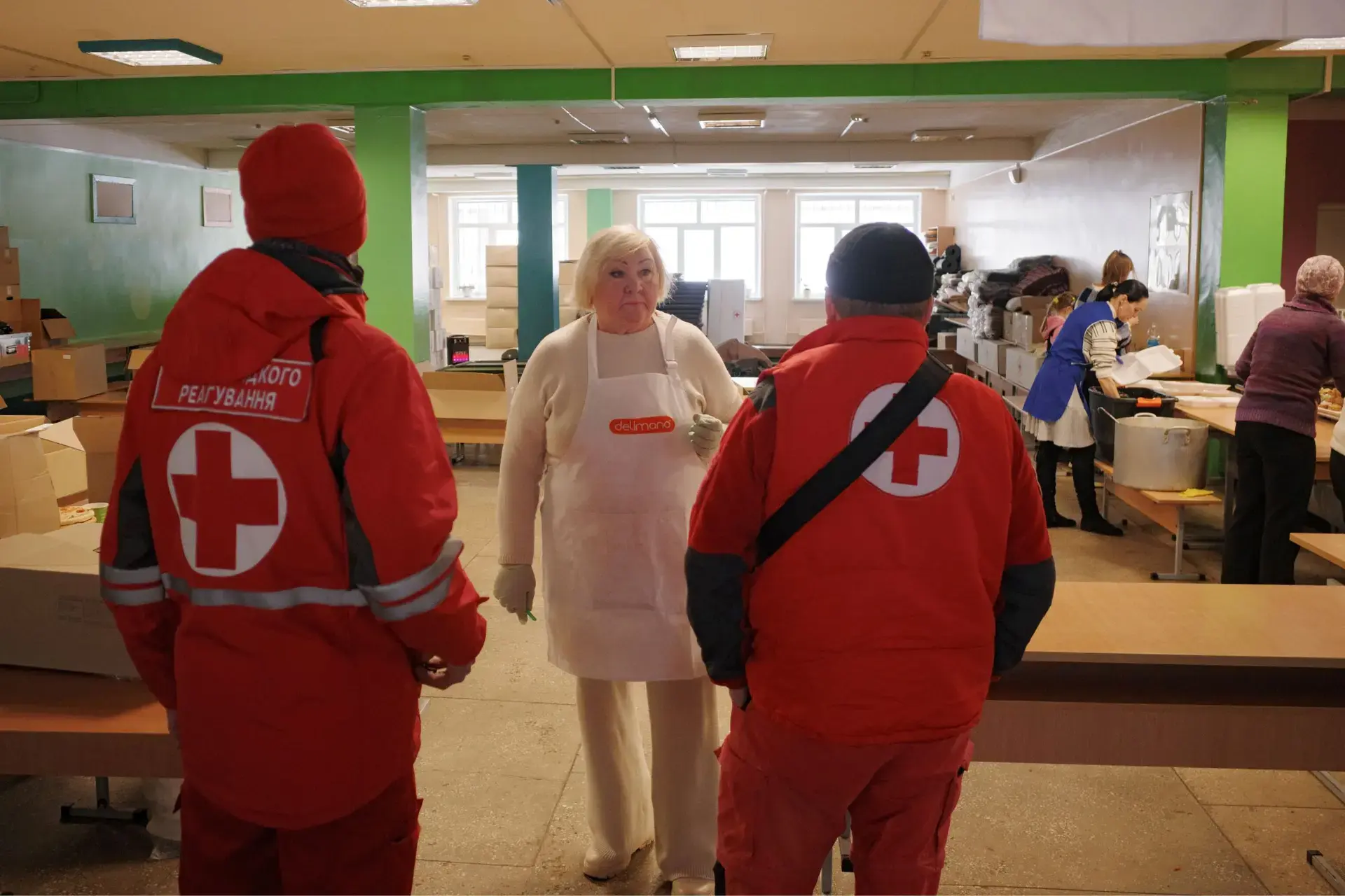 Women volunteer at the community kitchen in Kyiv, Ukraine