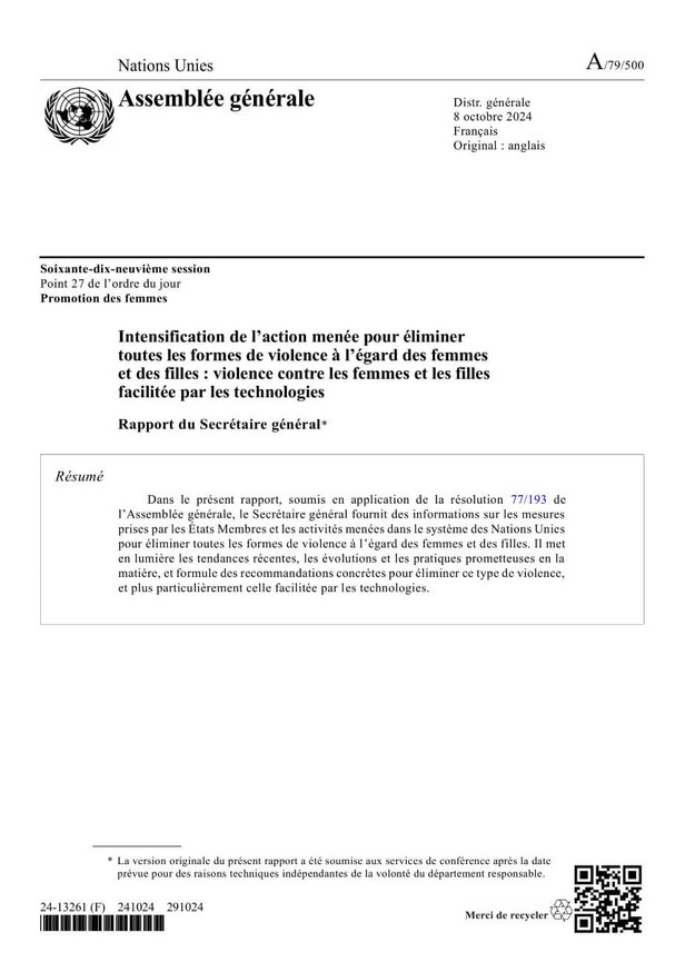 Intensification de l’action menée pour éliminer toutes les formes de violence à l’égard des femmes et des filles : violence contre les femmes et les filles facilitée par les technologies : rapport du Secrétaire général (2024)