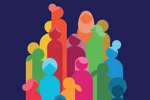 A diverse group of people represented as simplified silhouettes, arranged against a dark blue background.