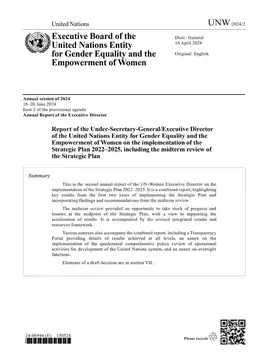 Report of the Under-Secretary-General/Executive Director of the United Nations Entity for Gender Equality and the Empowerment of Women on the implementation of the Strategic Plan 2022–2025, including the midterm review of the Strategic Plan (UNW/2024/2)