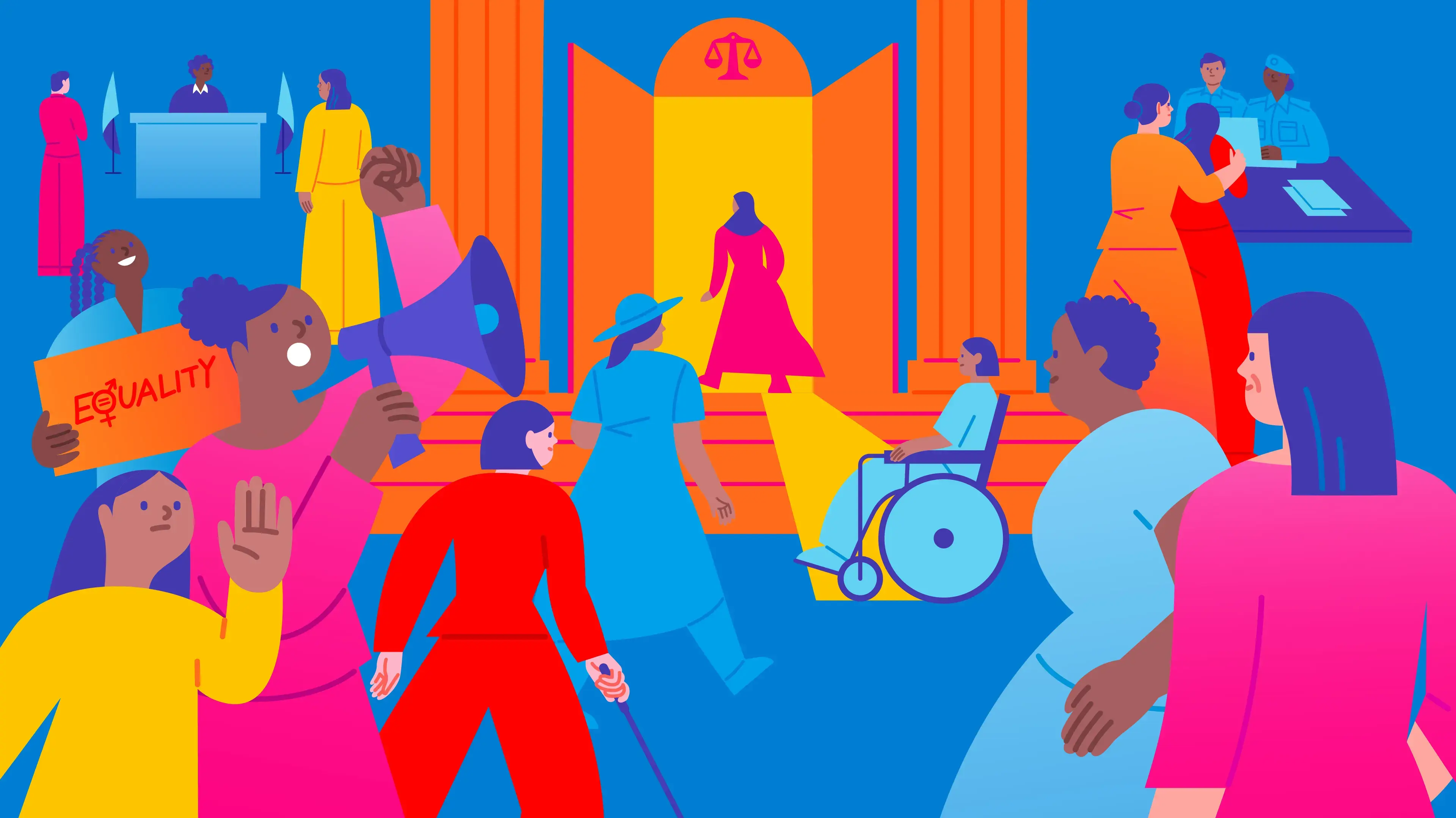 Colourful illustration of diverse women protesting in front of a classical-style building with columns. A woman speaks into a megaphone, another holds a sign reading “Equality” with a gender symbol, and another raises her fist. A scale symbol appears above the entrance as one woman walks up the steps. The group includes women of different ages and abilities, including a woman using a wheelchair and another using a cane, while others speak with uniformed officials at a desk.