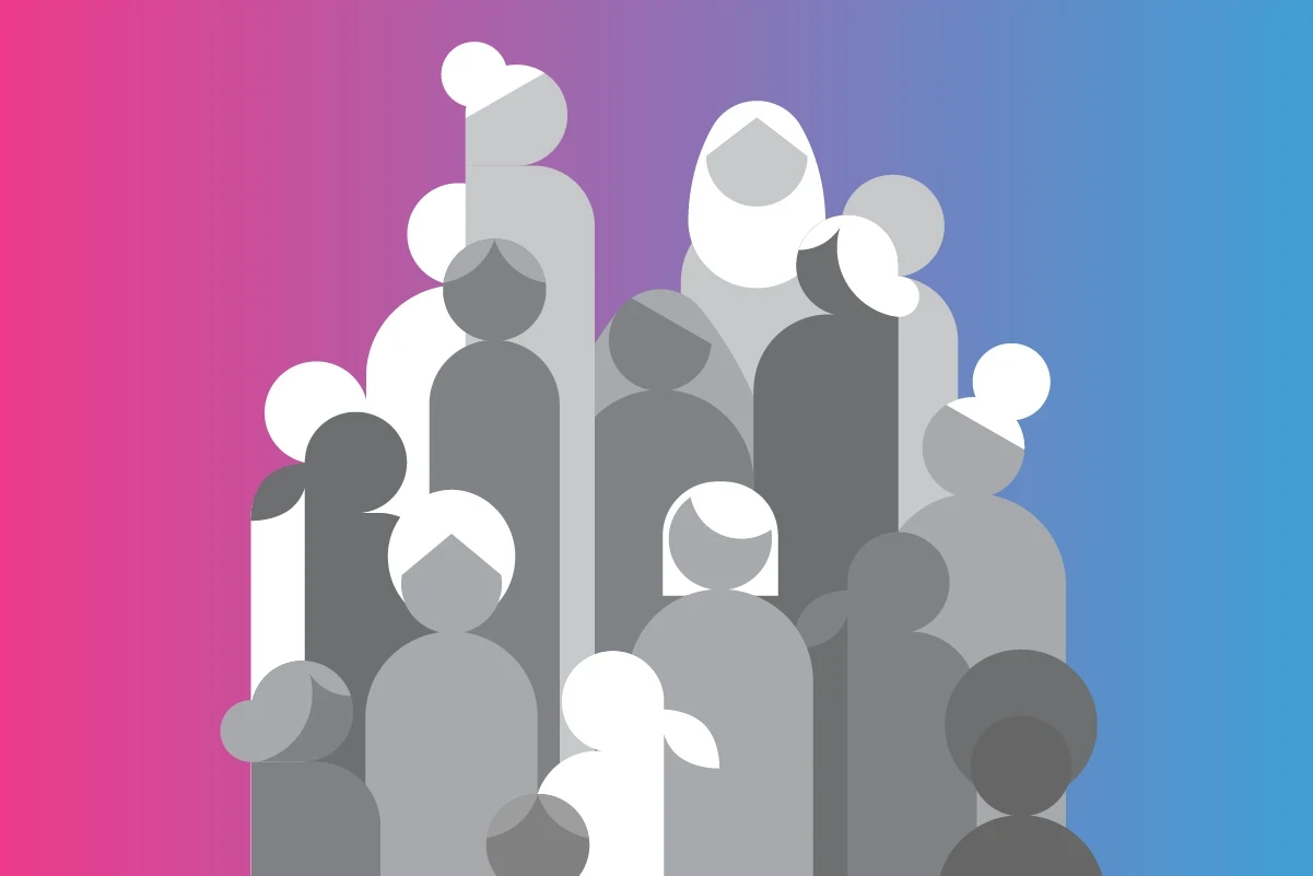 A diverse group of people represented as simplified silhouettes, arranged against a pink-to-blue gradient background