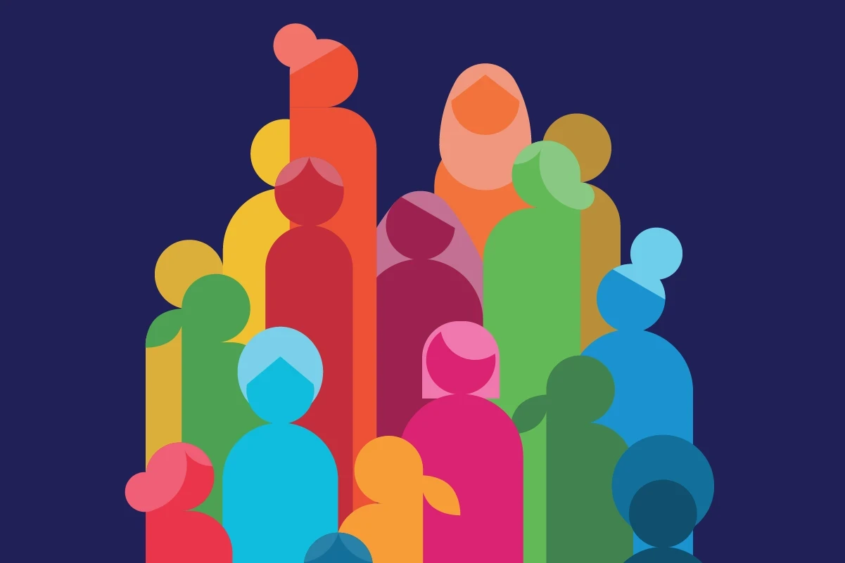 A diverse group of people represented as simplified silhouettes, arranged against a dark blue background.